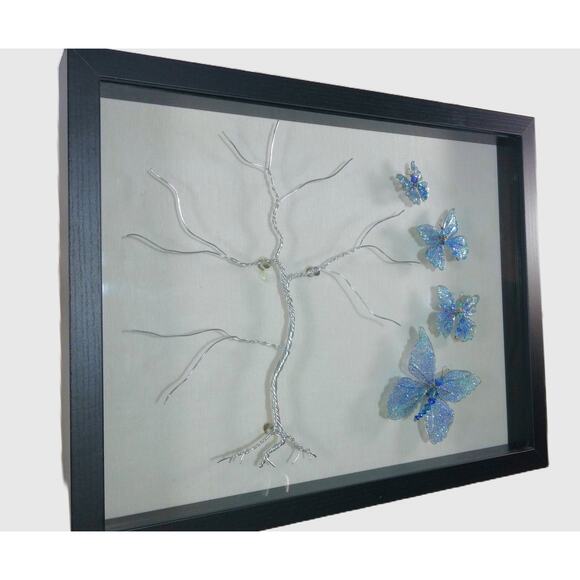 Whimsical Winged Butterflies Framed Art Hand Crafted Wire Tree 15x12 Blue Morpho - Picture 4 of 15